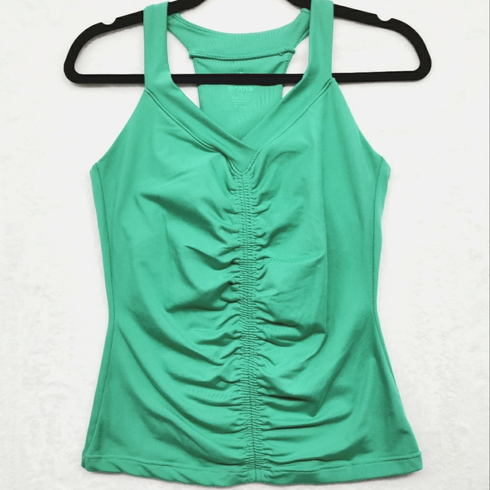 Prana Tank Top, Built in Bra, Mint Green, Ruched Front Halter, Women's Medium